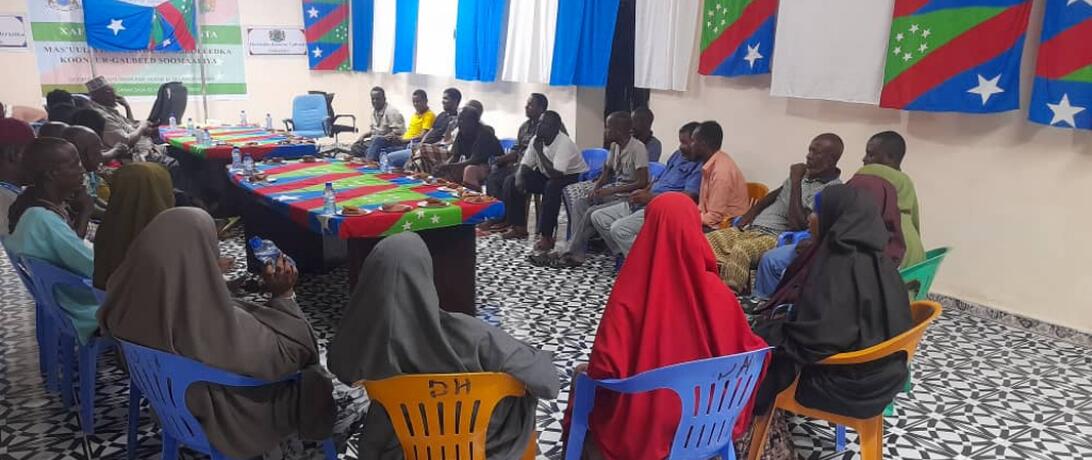 Community members meet in Merca, South West State, to discuss phase 2 of the Fisheries Data Collection Working Group