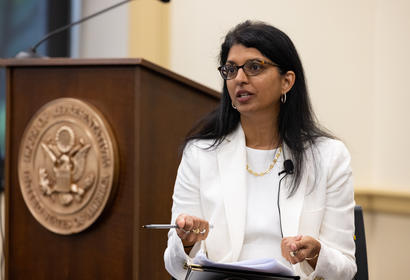 Sahana Dharmapuri speaking at the event. 